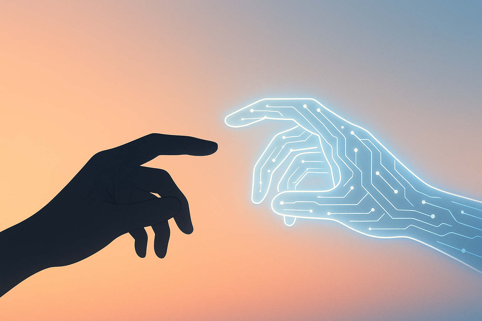Human and AI hands nearly touching